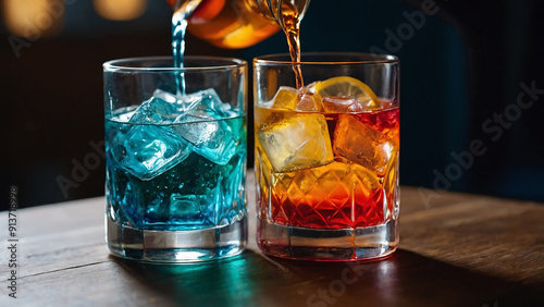 Two glasses of colorful cocktails with ice, one orange  photo