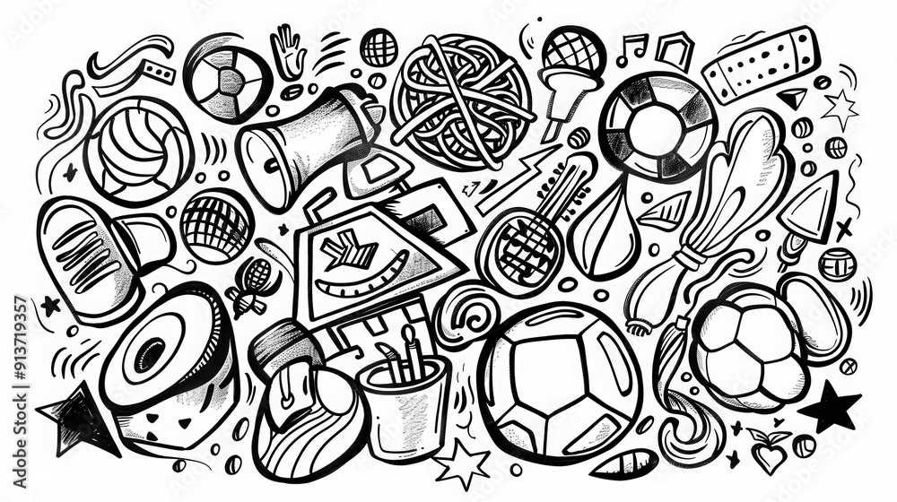 Discover hand-drawn doodles of hobbies and interests, including sports, music, and hobbies