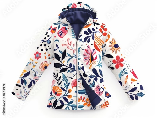 Raincoat with abstract patterns on solid white background, single object photo