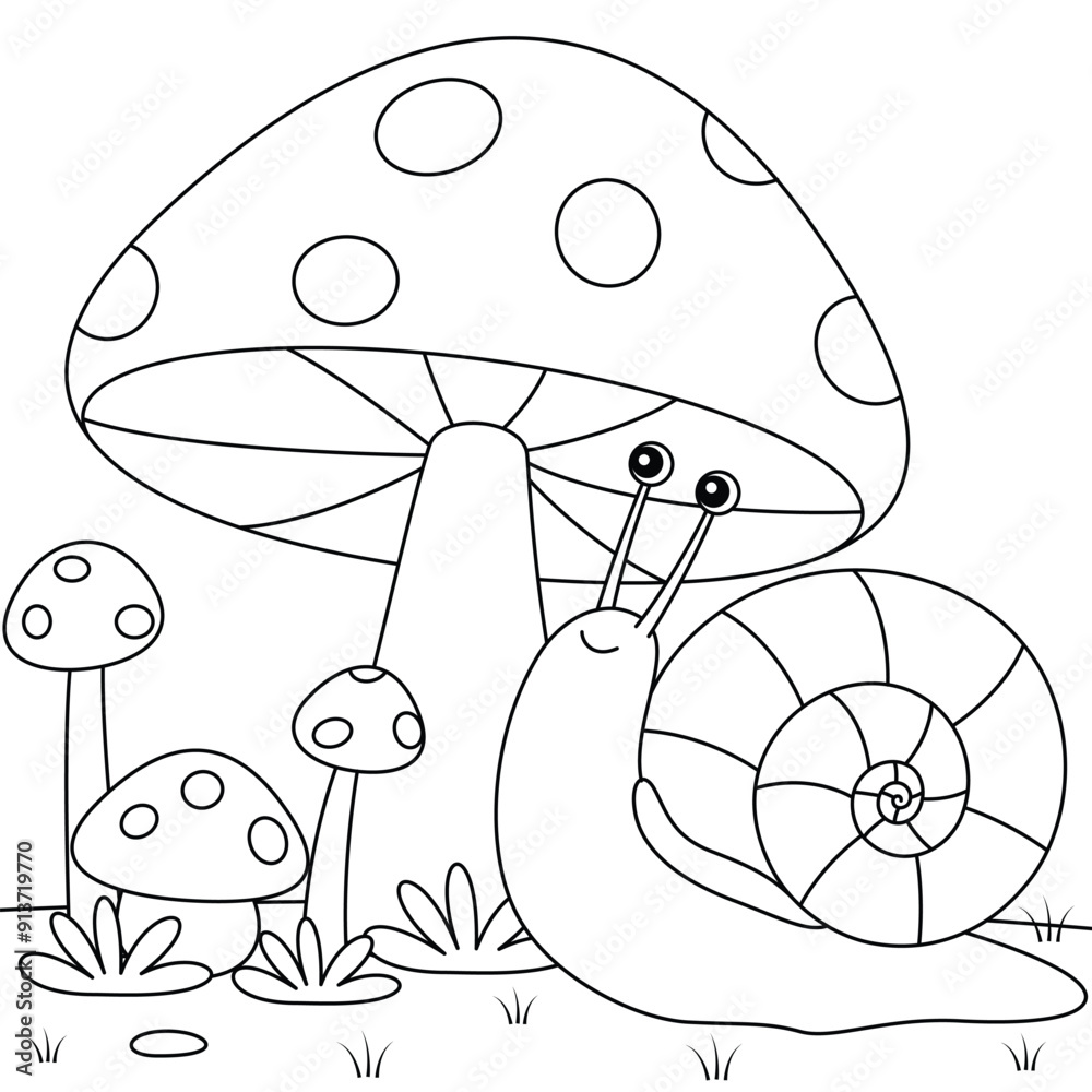 Cute Spring Snail and Mushroom Outline Coloring Page