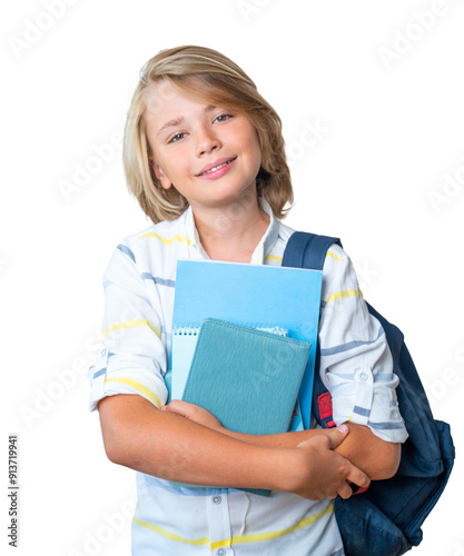 Middle school smiling teen boy girl backpack png isolated white background looking at camera holding books. Copy space for advertising blank concept. Back to school. Childhood, education, products for