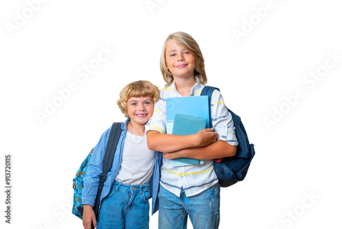 Middle elementary primary school smiling teen boy girl backpack png isolated white background looking at camera holding books. Copy space for advertising blank concept. Back to school. photo