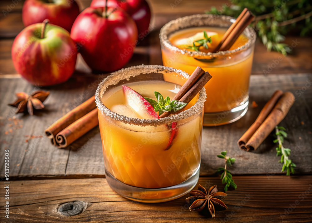 Autumn-inspired cocktail features a rich apple cider margarita with a brown sugar rim, garnished with a sprig of fresh thyme and warm cinnamon sticks.