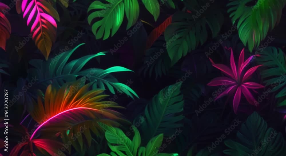 Tropical Neon Leaves in Dark Background Tropical Neon Leaves in Dark Background