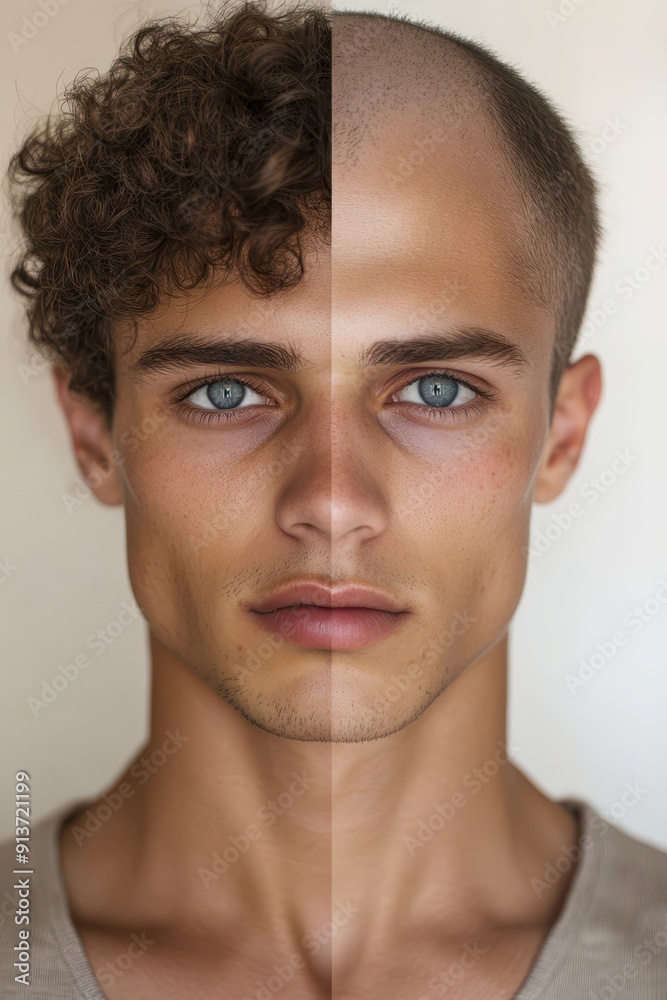 Fototapeta premium a man with a shaved head and a man with a shaved head