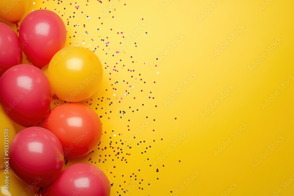 Colorful balloons and confetti on yellow background Colorful balloons and confetti on yellow background