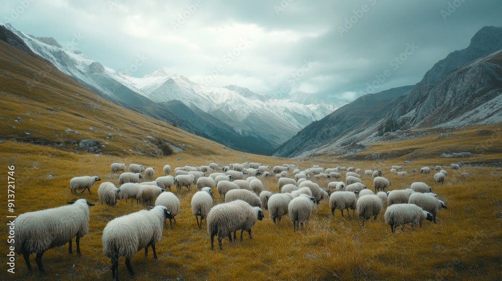 Obraz premium Flock of sheep in the mountains, AI generated Image
