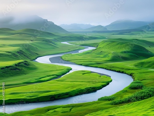 Light drizzle over rolling hills and a winding river, landscape, serene nature