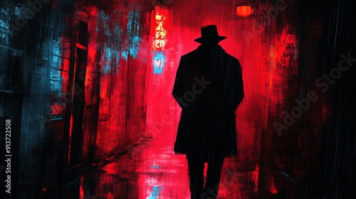 A mysterious figure in a dark alley illuminated by vibrant red and blue lights, evoking a suspenseful atmosphere. photo