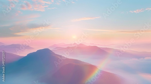 Brocken spectre seen from a high peak at dawn, mystical light effects, adventurers dream photo