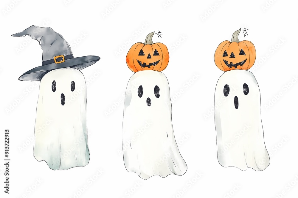Fototapeta premium Cute drawn illustration of ghosts with hat and with pumpkins on white background, ghost set, Halloween and children's book illustration concept, greeting card, banner, cut out