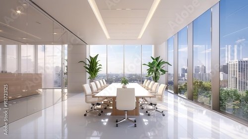 Glasswalled conference room showcasing cityscape, professional and cuttingedge meeting space, urban outlook photo