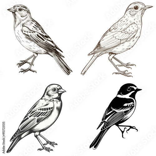 Four birds are shown in black and white, with one of them being a robin. The birds are all sitting on their perches, with one of them looking up at the camera