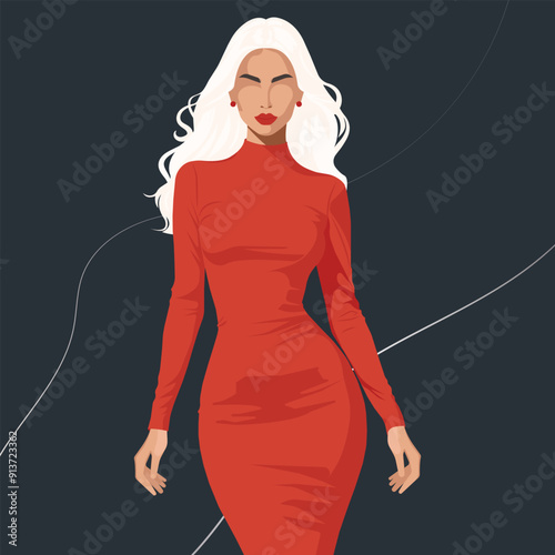 A young blonde woman in a tight red dress with long sleeves. Flat fashion illustration, vector. Faceless. No artificial intelligence was used to create the illustration. 

