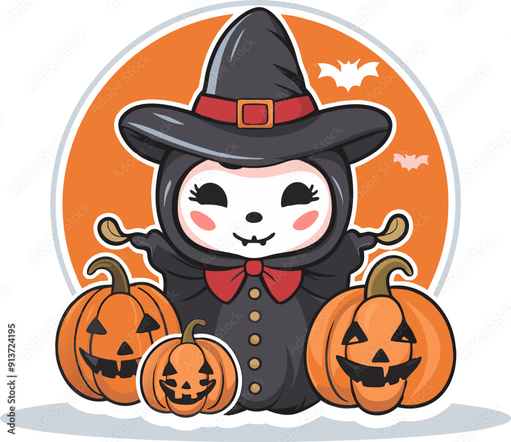 Cute cartoon long haired girl in a Halloween witch costume with pumpkins. Cute witch girl in a costume with a pumpkin. Cute cartoon long haired girl in a Halloween witch costume with pumpkins. Cute witch girl in a costume with a pumpkin.