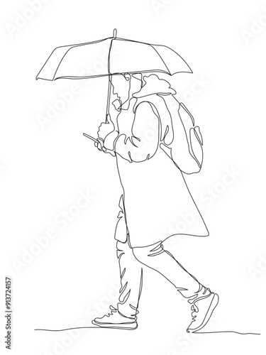 Man with backpack walking, holding umbrella and using phone on autumn rainy day. Side view. Continuous line drawing. Black vector in line art style.