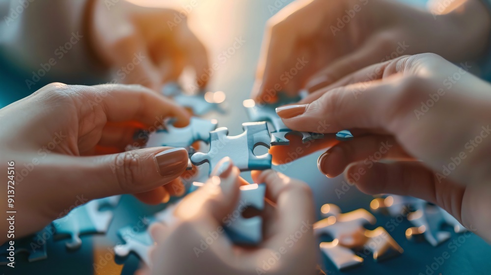 Hands collaborating to assemble puzzle pieces Hands collaborating to assemble puzzle pieces