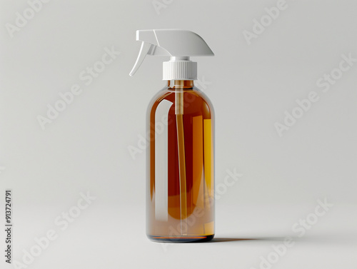 Amber Glass Spray Bottle on Plain Background With Clear Plastic Trigger photo