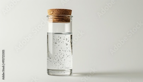 A delicate container holding clear nutrient solution on solid white background, single object photo