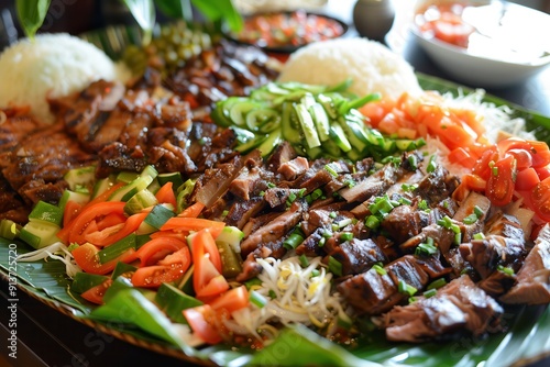 Boodle Fight: A Filipino Feast of BBQ Beef and Chicken on a Platter photo