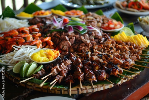 Boodle Fight, Pilipino Feast with BBQ Beef and Chicken on a Plate