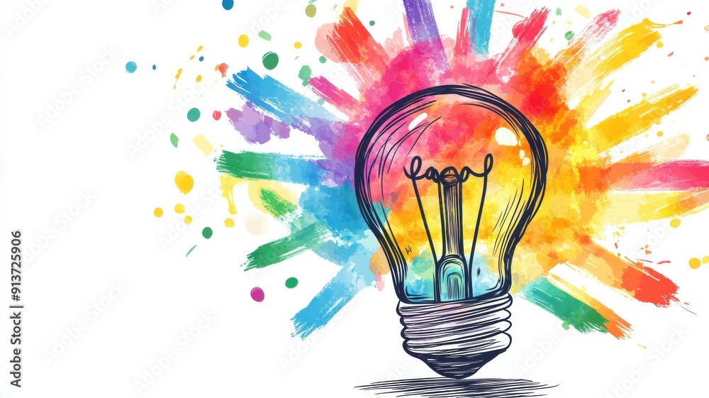 2D cartoon of a light bulb with colorful rays, symbolizing a bright idea, clean lines, isolated on white background, copy space for text 2D cartoon of a light bulb with colorful rays, symbolizing a bright idea, clean lines, isolated on white background, copy space for text