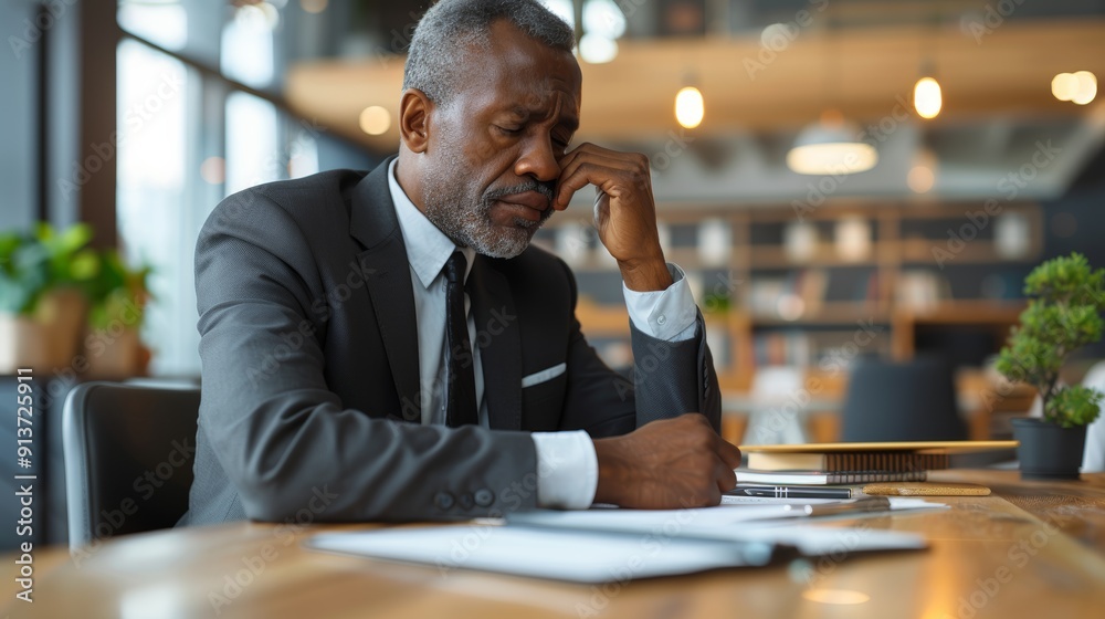 Professional Man in Suit Contemplating Work Challenges in Modern Office Environment Professional Man in Suit Contemplating Work Challenges in Modern Office Environment