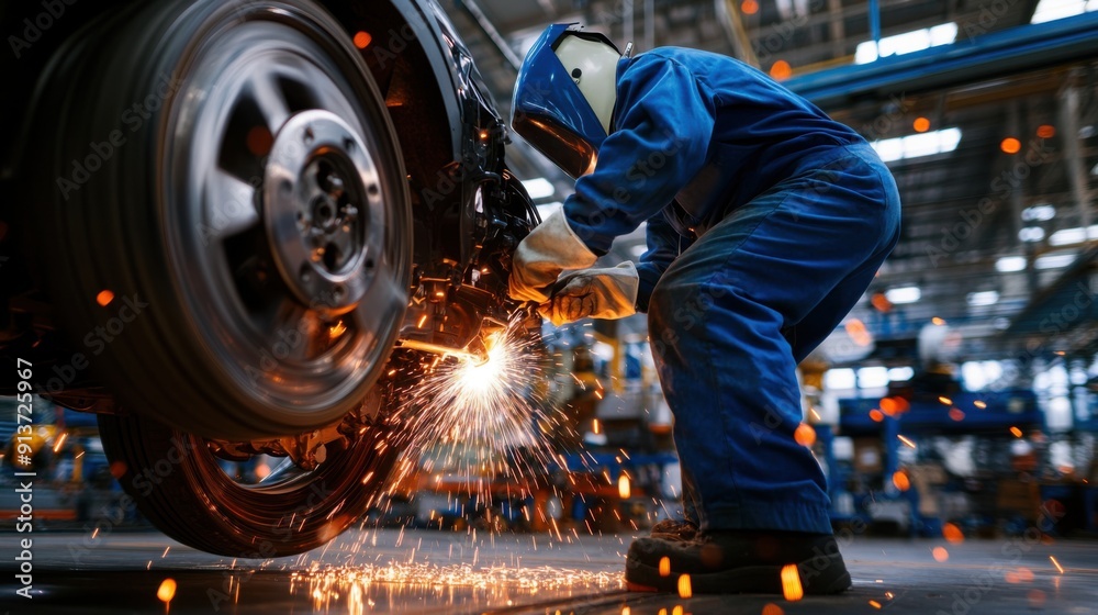 In a car assembly plant, a welder clad in blue overalls and white gloves works on a metal part within the wheel well of a car. The wheel is not installed, highlighting the area being worked on. In a car assembly plant, a welder clad in blue overalls and white gloves works on a metal part within the wheel well of a car. The wheel is not installed, highlighting the area being worked on.