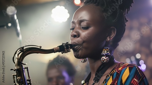 a woman playing the saxophone in front of a band photo