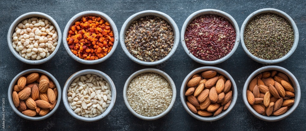 Variety of Nuts and Seeds in Small Bowls for Balanced Diet with Healthy Fats, Overhead Shot Variety of Nuts and Seeds in Small Bowls for Balanced Diet with Healthy Fats, Overhead Shot