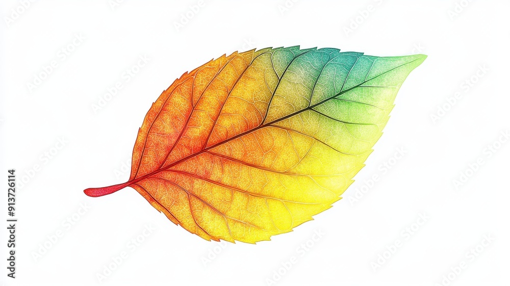 2D cartoon of a single leaf in vibrant colors, clean lines, isolated on white background, ample copy space