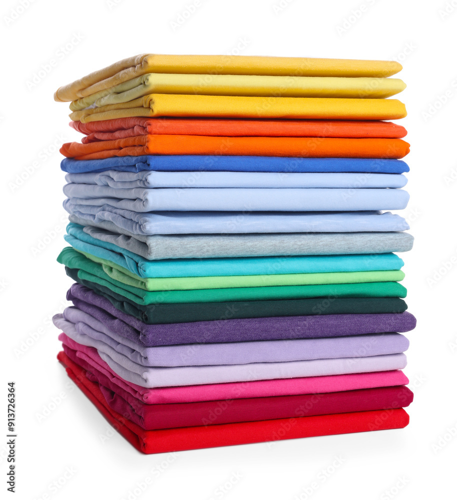 Stack of clean colorful t-shirts isolated on white Stack of clean colorful t-shirts isolated on white