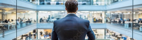 A business leader overlooking a bustling office floor from a balcony, viewed from behind, with employees working diligently at their desks, emphasizing management and oversight