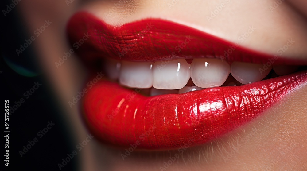 Obraz premium a close-up smile, highlighting the natural teeth and glossy red lips.