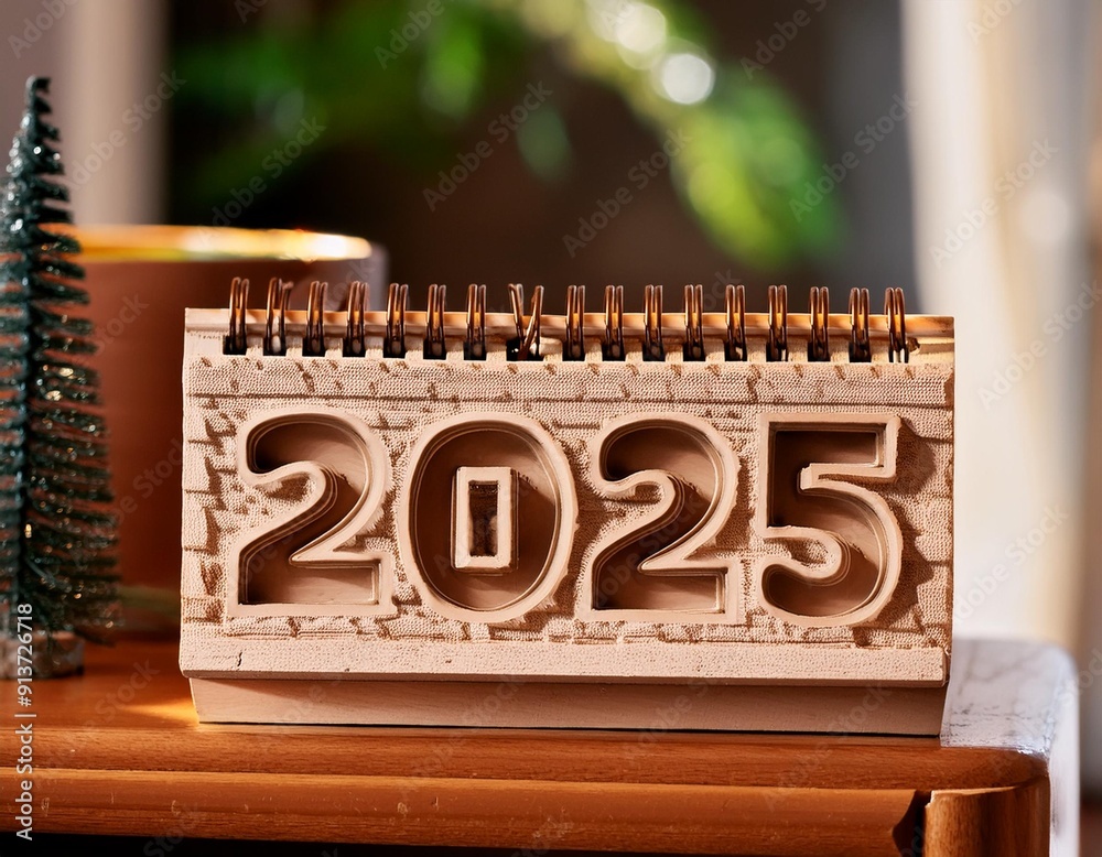 A collaborative workspace with a wall calendar featuring -2025- in neon lights 