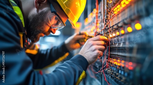 Close-up of a technician connecting a grounding system inside a company is electrical room, emphasizing the intricate wiring and precise measurements involved in ensuring optimal lightning protection