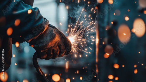 A close view of a welder s hands holding a welding torch, with sparks flying, symbolizing craftsmanship and industrial work photo