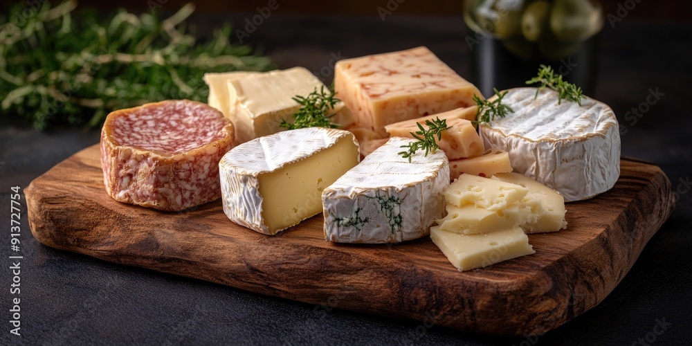 Gourmet Cheese Selection on Wooden Board - Dairy Delight and Elegant Display Gourmet Cheese Selection on Wooden Board - Dairy Delight and Elegant Display