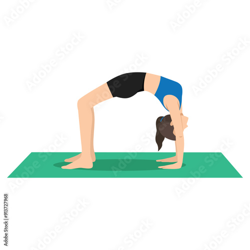 Woman doing Wheel pose, Chakrasana, Upward Bow Pose or Urdhva Dhanurasana. Flat vector illustration isolated on white background