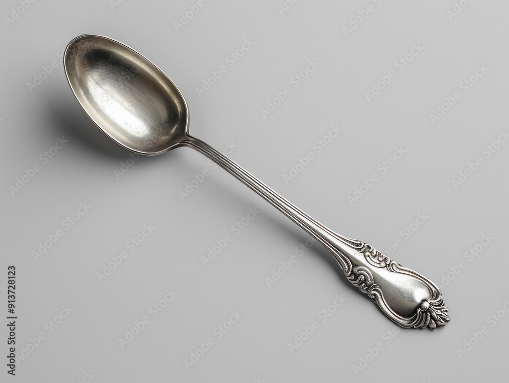 Elegant Silver Serving Spoon Resting on a Smooth Gray Surface Under Soft Lighting Elegant Silver Serving Spoon Resting on a Smooth Gray Surface Under Soft Lighting