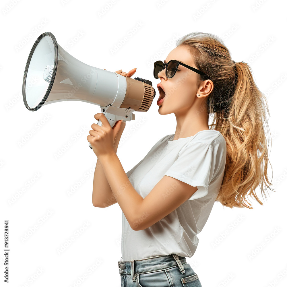 A woman is holding a microphone and making a loud noise. Concept of excitement and energy A woman is holding a microphone and making a loud noise. Concept of excitement and energy