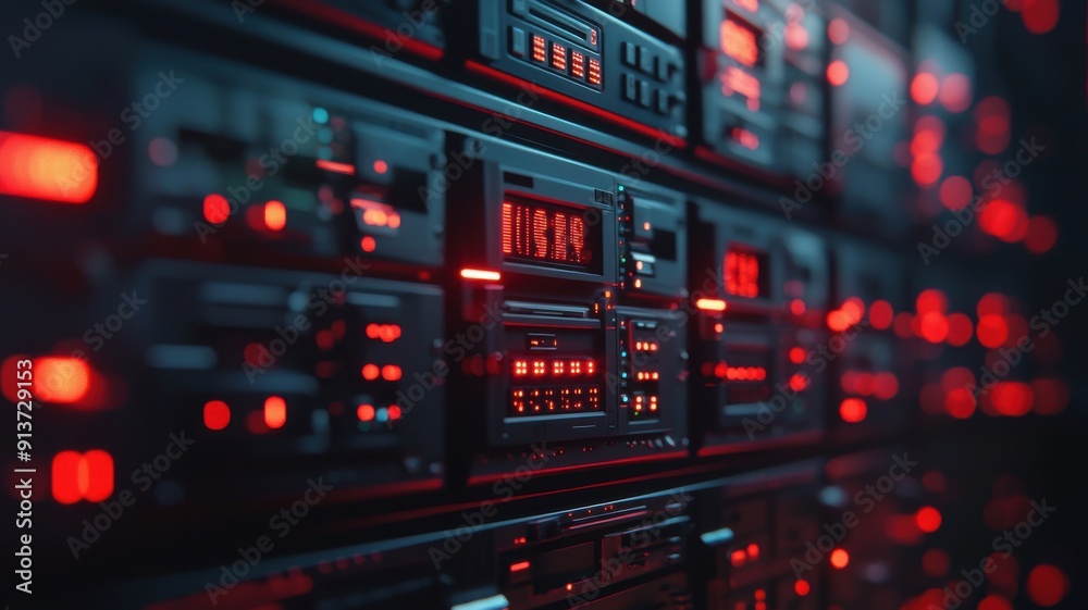 A detailed close-up of a cloud server rack, with red warning lights and error messages flashing on screens and control panels A detailed close-up of a cloud server rack, with red warning lights and error messages flashing on screens and control panels