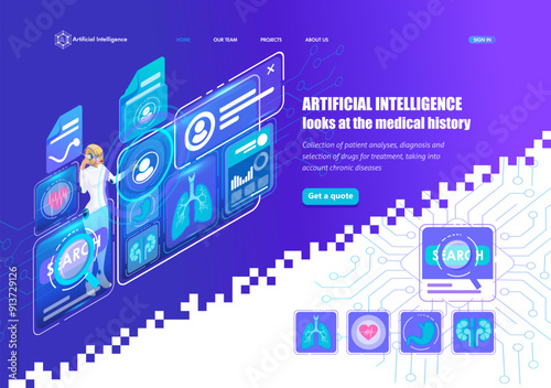Artificial Intelligence Landing page Isometric. Deep machine learning AI. AI in Medicine Patient Data Management