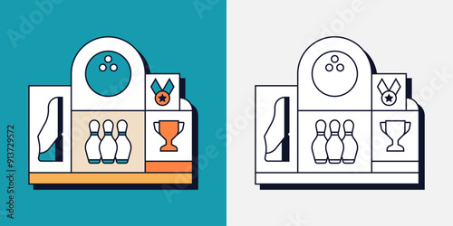Bowling Shoe Skittles Ball Sport Game Competition Trophy Medal Geometric Line Art Illustration