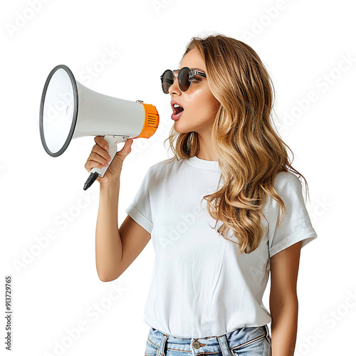 A woman is holding a microphone and wearing sunglasses. Concept of excitement and energy photo