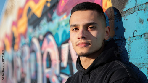 portrait of an attractive young Egyptian man in a black hoodie leaning against a colorful graffiti wall in natural daylight photo