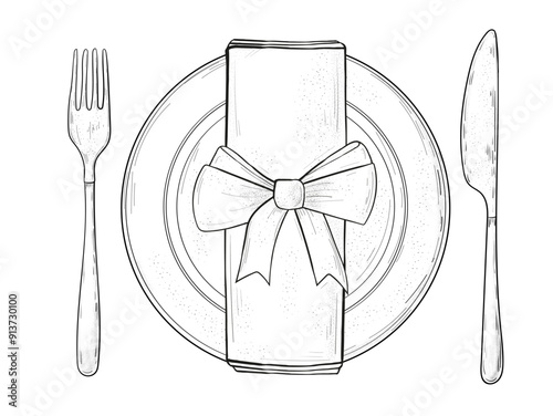 Table setting set. Fork, Knife, Spoon, plate sketch set. Cutlery hand drawing collection. Catering engraved vector illustration.  Dinner etiquette.