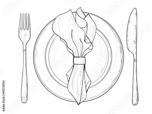 Table setting set. Fork, Knife, Spoon, plate sketch set. Cutlery hand drawing collection. Catering engraved vector illustration.  Dinner etiquette.