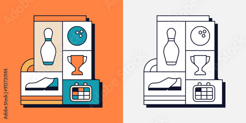 Bowling Shoe Skittles Ball Sport Game Competition Trophy Medal Geometric Line Art Illustration