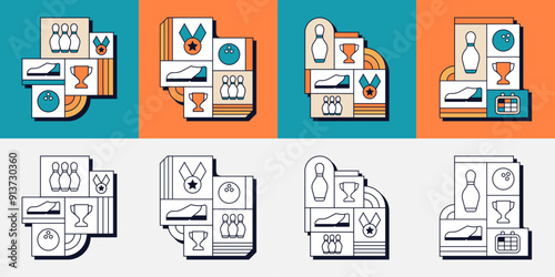 Set of Bowling Shoe Skittles Ball Game Competition Trophy Medal Geometric Line Art Illustration